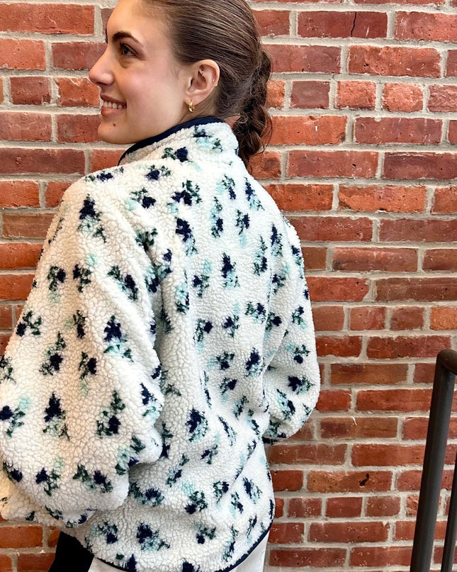 Ivory/Navy Floral Print Fluffy Fleece Jacket