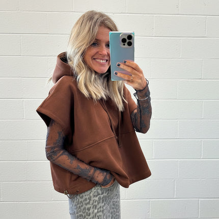 Brown Drawstring Crop Hoodie