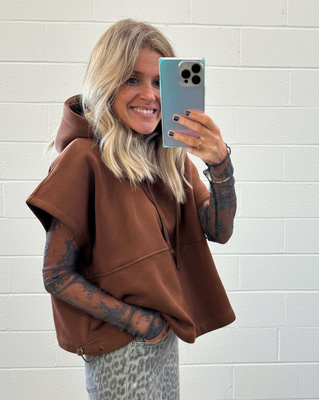 Brown Drawstring Crop Hoodie