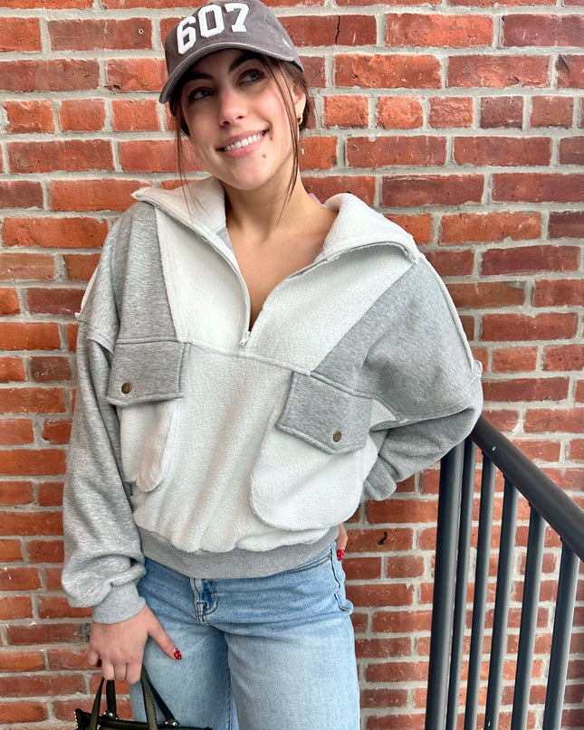 Grey White Soft Fleece Zip Sweatshirt