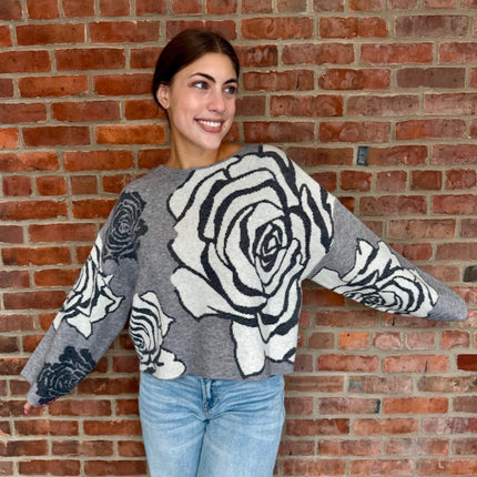 Grey/Black Rose Floral Jacquard Sweater - Shop Simply Apparel