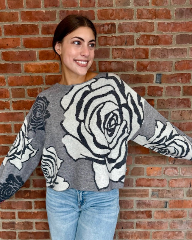 Grey/Black Rose Floral Jacquard Sweater - Shop Simply Apparel