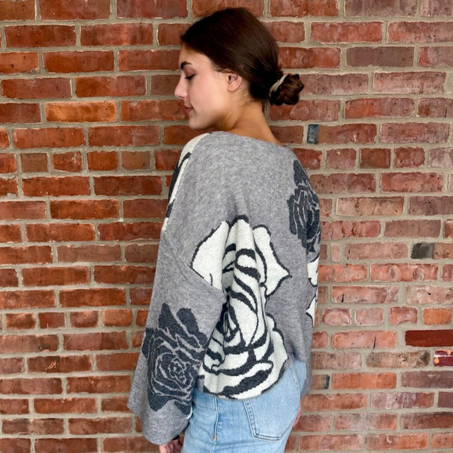 Grey/Black Rose Floral Jacquard Sweater - Shop Simply Apparel