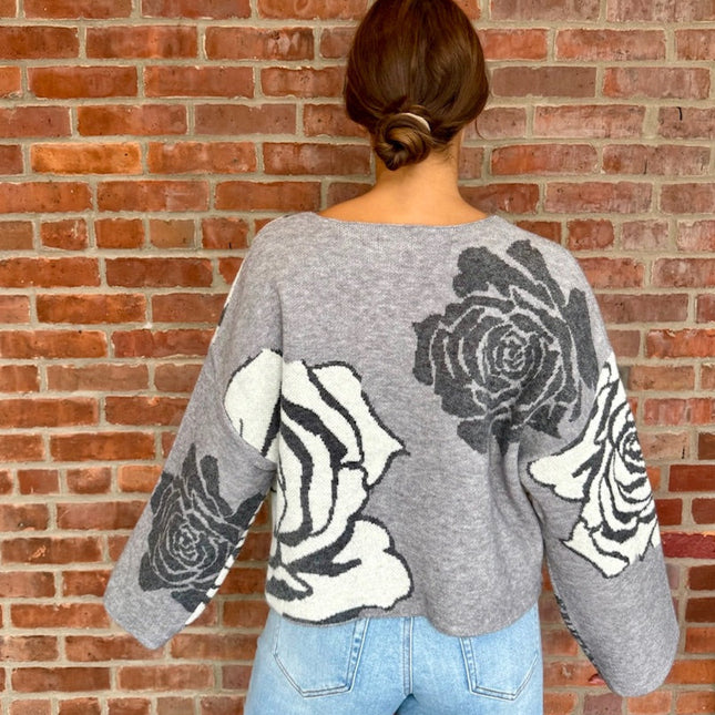 Grey/Black Rose Floral Jacquard Sweater - Shop Simply Apparel