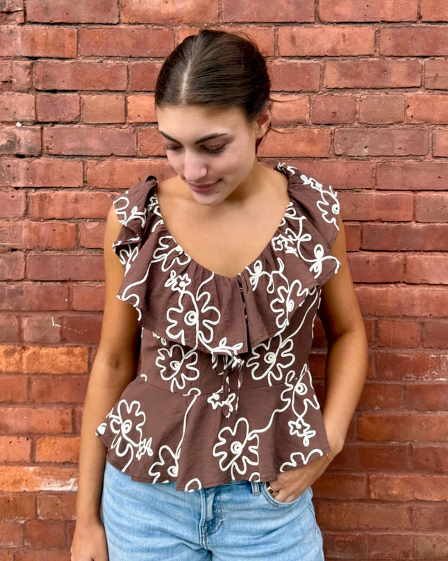 Brown Floral Embroidered Ruffle Blouse - Shop Simply Apparel