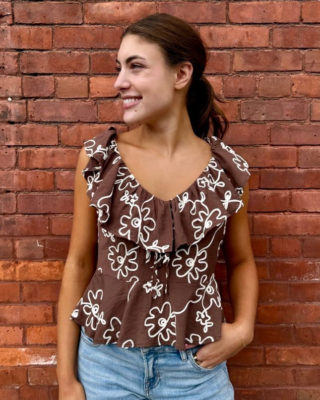 Brown Embroidered Ruffle Top