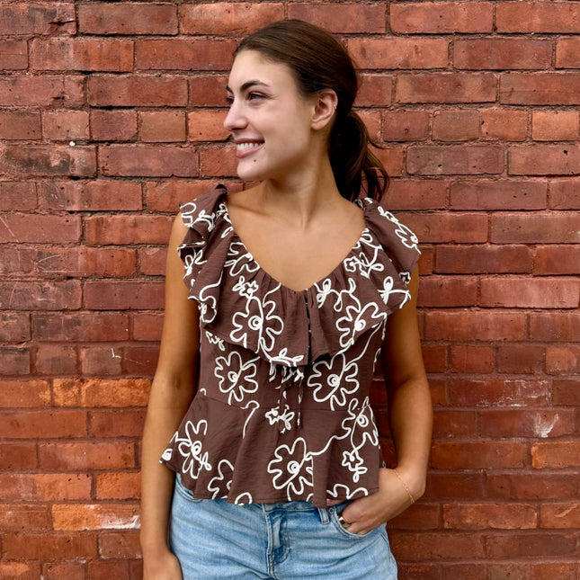 Brown Embroidered Ruffle Top