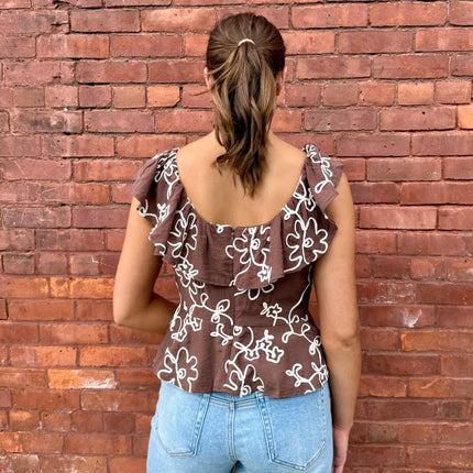 Brown Floral Embroidered Ruffle Blouse - Shop Simply Apparel