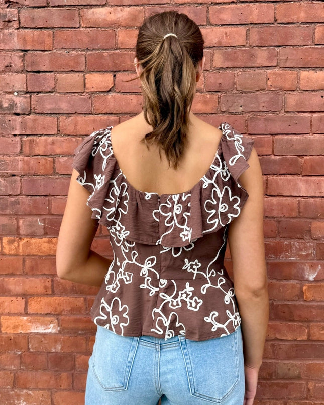 Brown Floral Embroidered Ruffle Blouse - Shop Simply Apparel
