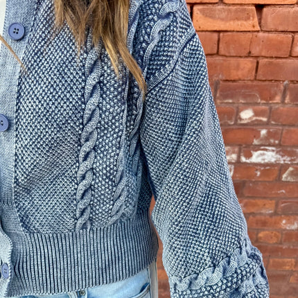 Washed Blended Blue Cable Knit Cardigan - Shop Simply Apparel