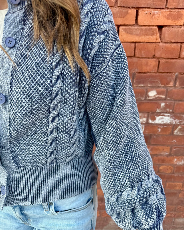 Washed Blended Blue Cable Knit Cardigan