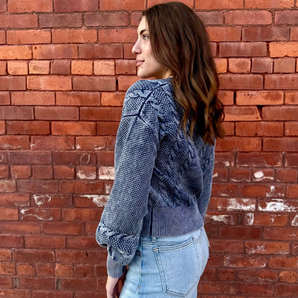 Washed Blended Blue Cable Knit Cardigan - Shop Simply Apparel