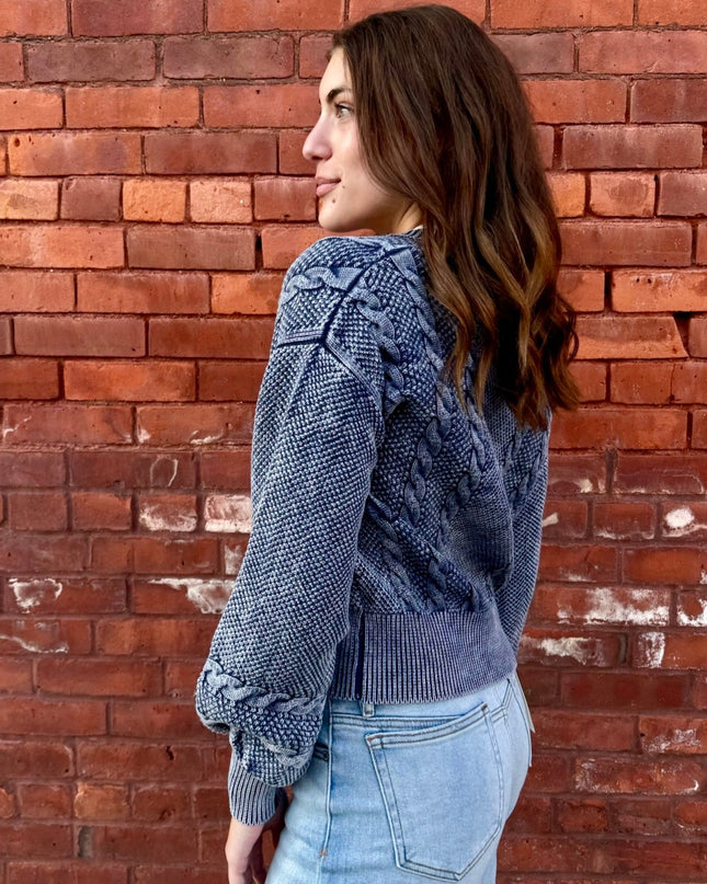 Washed Blended Blue Cable Knit Cardigan
