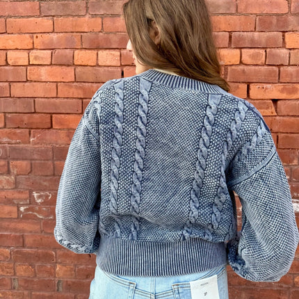 Washed Blended Blue Cable Knit Cardigan - Shop Simply Apparel