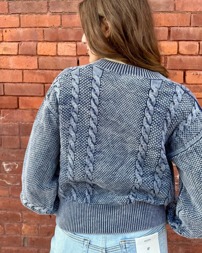 Washed Blended Blue Cable Knit Cardigan