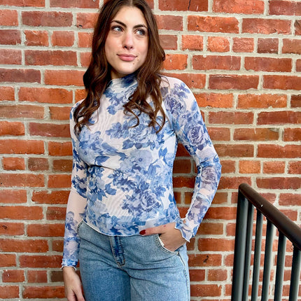 Blue and White Floral Mesh Top