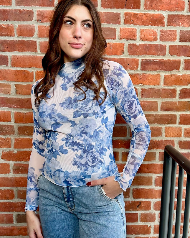 Blue and White Floral Mesh Top