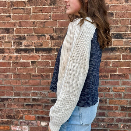 Ivory/Navy Mixed Knit Collared Sweater