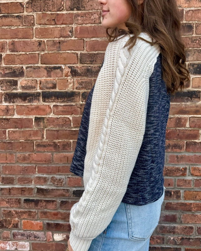 Ivory/Navy Mixed Knit Collared Sweater