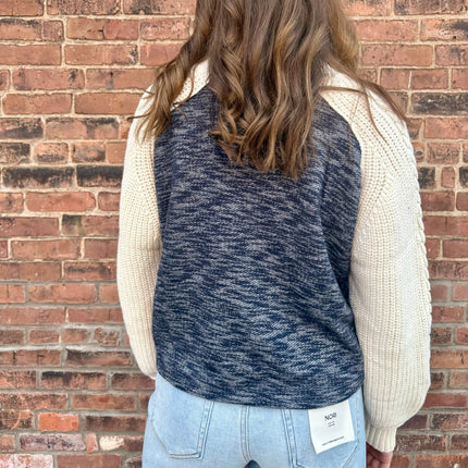 Ivory/Navy Mixed Knit Collared Sweater