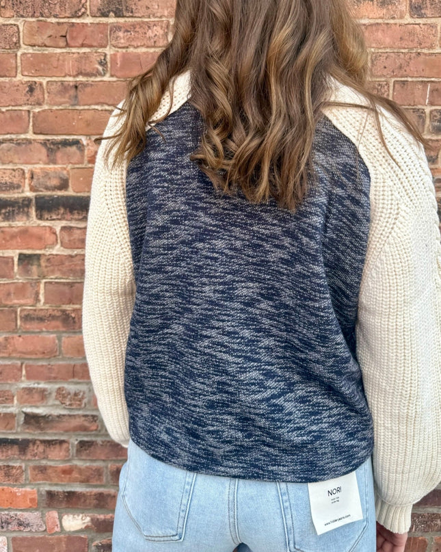 Ivory/Navy Mixed Knit Collared Sweater