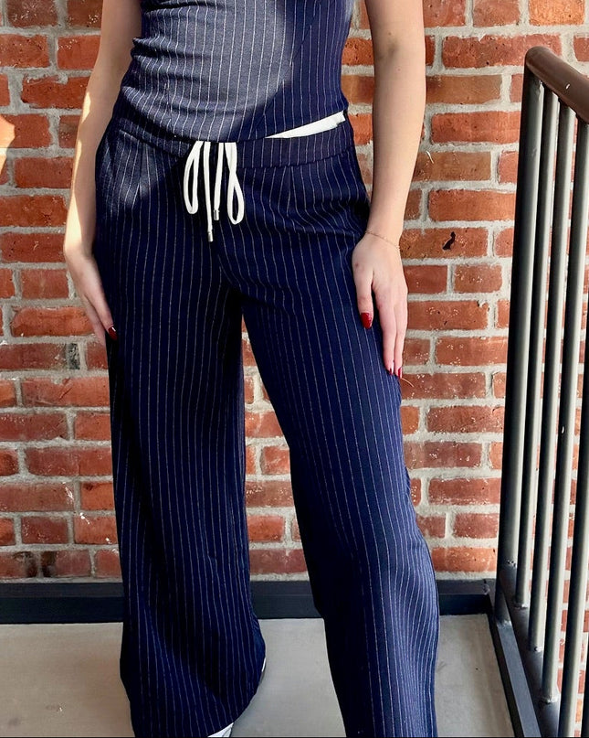 navy pinstripe trousers with elastic waistband tie