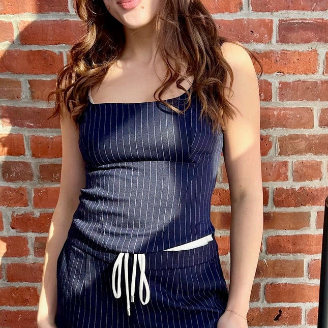 Sleeveless Pinstripe Square Neck Fitted Top