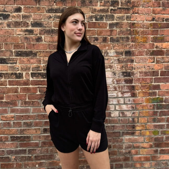 Black Long Sleeve Mock Neck Romper