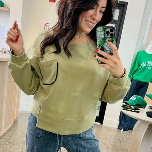 Olive Chest Pocket Semi Crop Sweatshirt