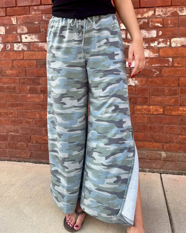 Camo Casual Wanderer Wide Leg Slit Pants - Shop Simply Apparel