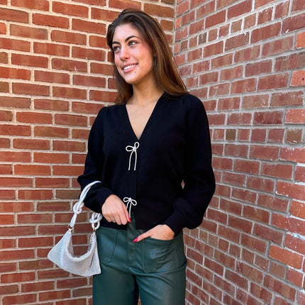 Ribbon Bow Trim Puff Sleeve Cardigan - Shop Simply Apparel