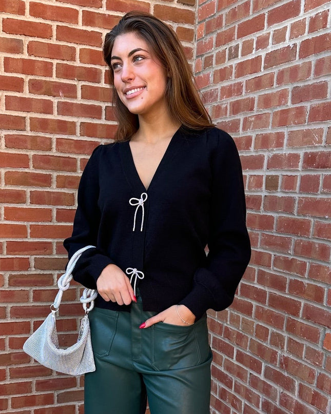 Ribbon Bow Trim Puff Sleeve Cardigan - Shop Simply Apparel