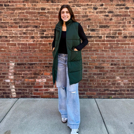 Dark Green Long Puffer Vest