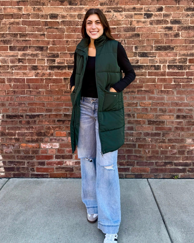 Dark Green Long Puffer Vest