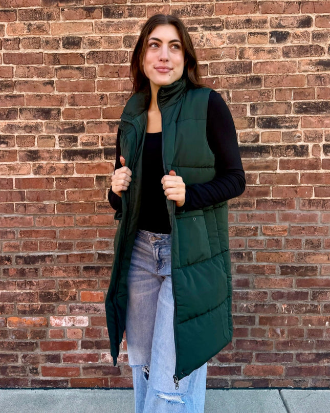Dark Green Long Puffer Vest
