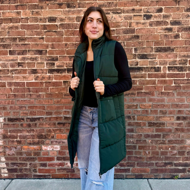 Dark Green Long Puffer Vest