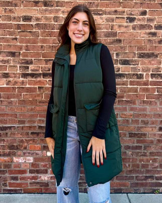 Dark Green Long Puffer Vest