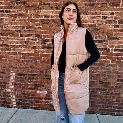 Tan Long Puffer Vest