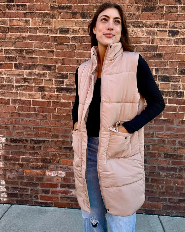 Tan Long Puffer Vest