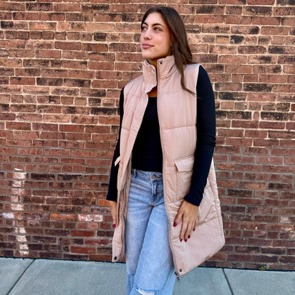 Tan Long Puffer Vest