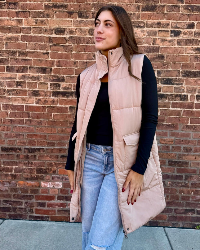 Tan Long Puffer Vest