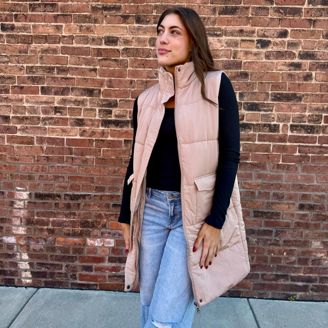 Tan Long Puffer Vest