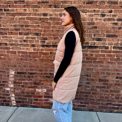 Tan Long Puffer Vest