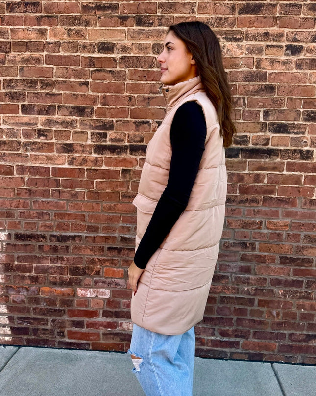 Tan Long Puffer Vest