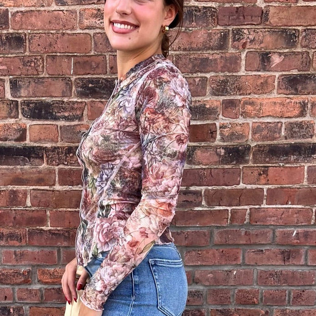 Floral-print Mesh Snap-front Long-sleeve Top