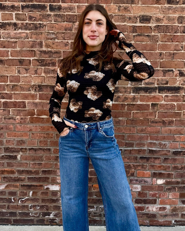 Black-Taupe Floral Mesh Top