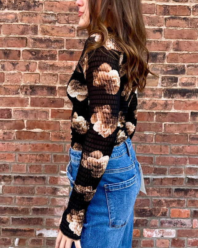 Black-Taupe Floral Mesh Top