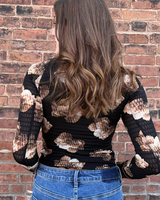 Black-Taupe Floral Mesh Top
