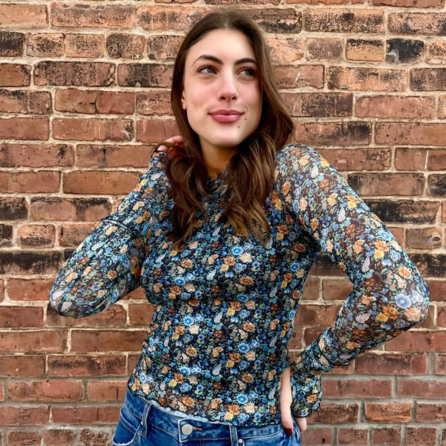 Teal Floral Mesh Top