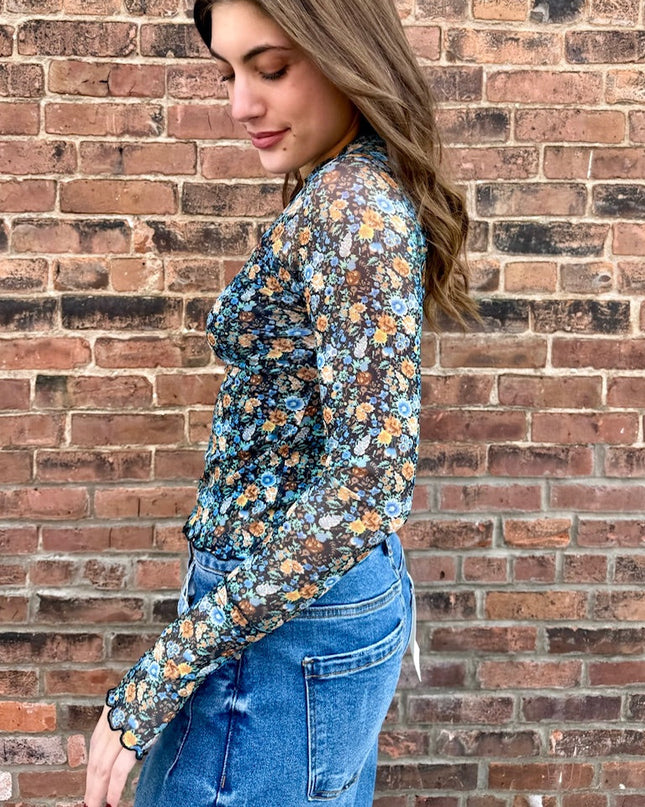 Teal Green Floral Mesh Top